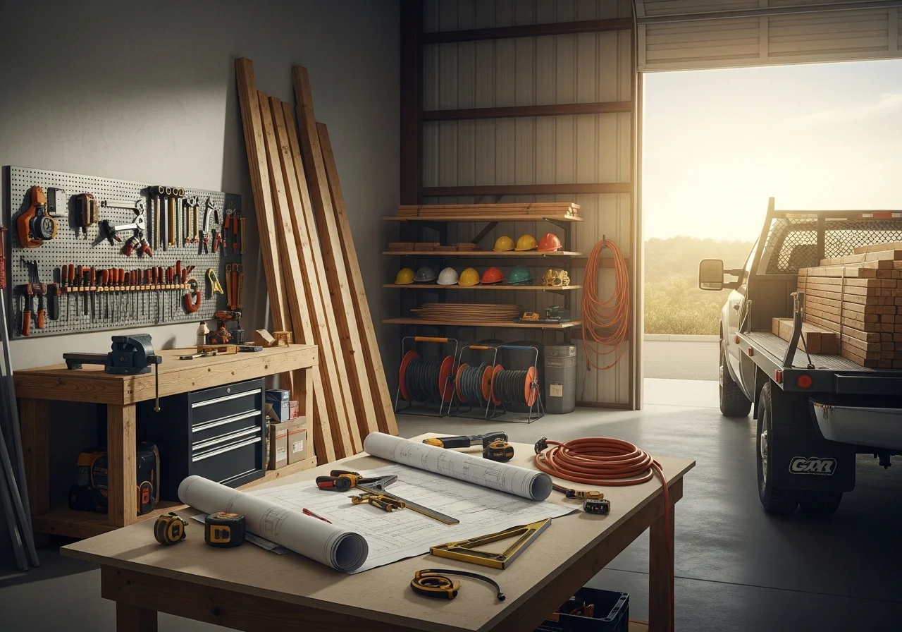Contractor workshop with workbench and blueprints